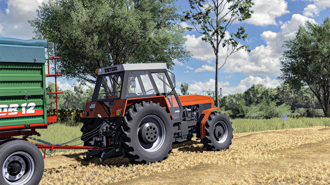 Zetor 6cyl tractor pulling a trailer in FS25 mod pack, set in a scenic field.