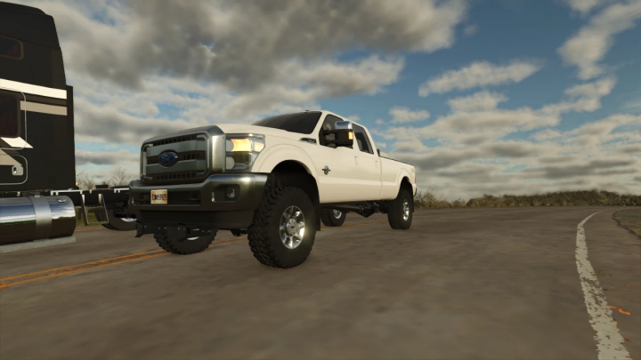 fs25-mods,  2015 Ford F350 mod for Farming Simulator 25, showcasing a white pickup truck on a road under a cloudy sky.