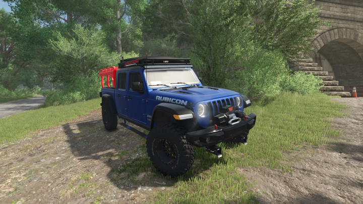 fs25-mods,  FS25 mod 2022 Jeep Gladiator Rubicon v1.0.0.0 in a forest setting, showcasing off-road capabilities. Farming Simulator 25 mods.