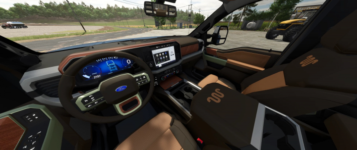 fs25-mods,  Interior view of 2024 Superduty King Ranch mod in FS25, showcasing dashboard and steering wheel design.