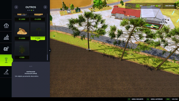 fs25-mods,  FS25 Araucaria mod v1.1.0.0 showing tree placement in Farming Simulator 25.