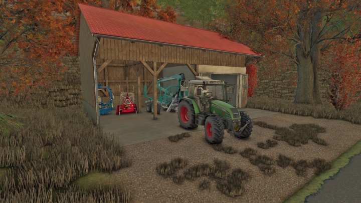 fs25-mods,  FS25 mod Barn With Workshop v1.0.0.0 featuring a barn with a red roof, a tractor, and farm equipment in an autumn setting.