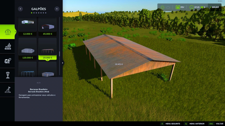 fs25-mods, FS25 Brasilian Shed mod v1.1.0.0 displayed in Farming Simulator 25, showing a metal-roofed shed in a grassy area.