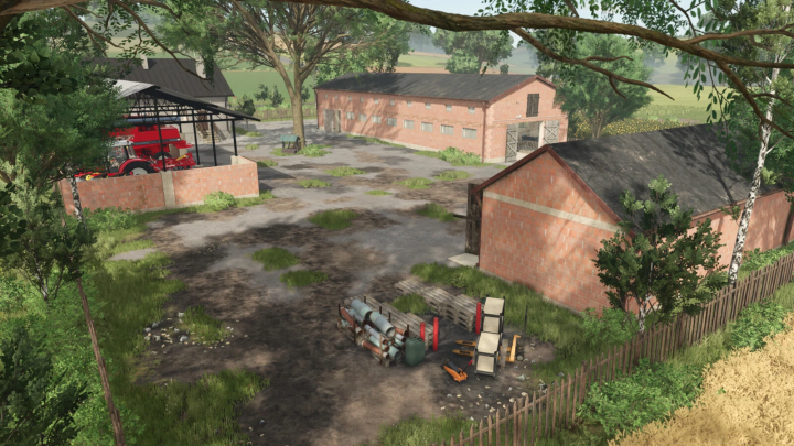 fs25-mods, FS25 mods Buildings Package v1.0.0.0 showcasing farm buildings and equipment in a rural setting.