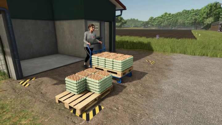 fs25-mods,  FS25 mod Cargo Cart v1.0.0.0 with person transporting egg pallets on a cart in Farming Simulator 25.