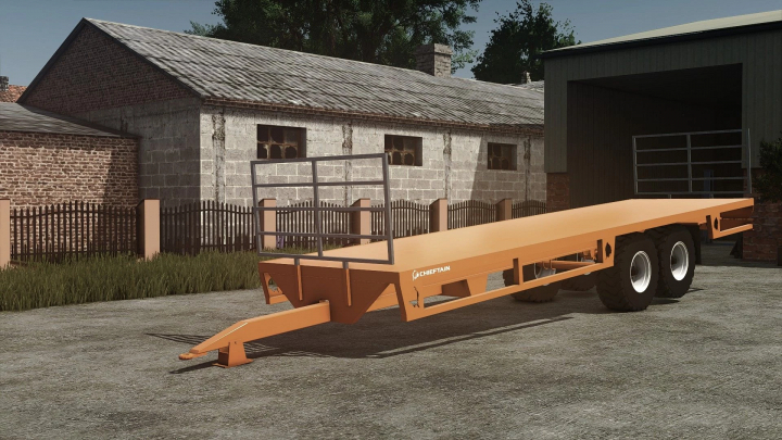 fs25-mods,  Chieftain tray mod for FS25, showcasing an orange flatbed trailer in a farm setting. Farming Simulator 25 mods.