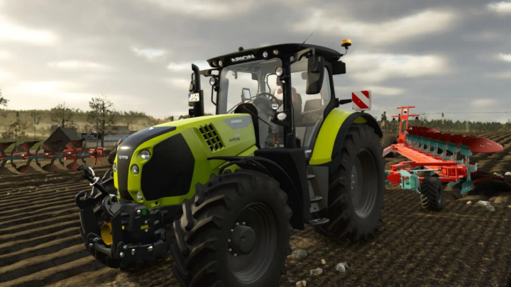 fs25-mods,  Claas Arion 600 Night Edition mod in FS25, plowing a field under cloudy skies.