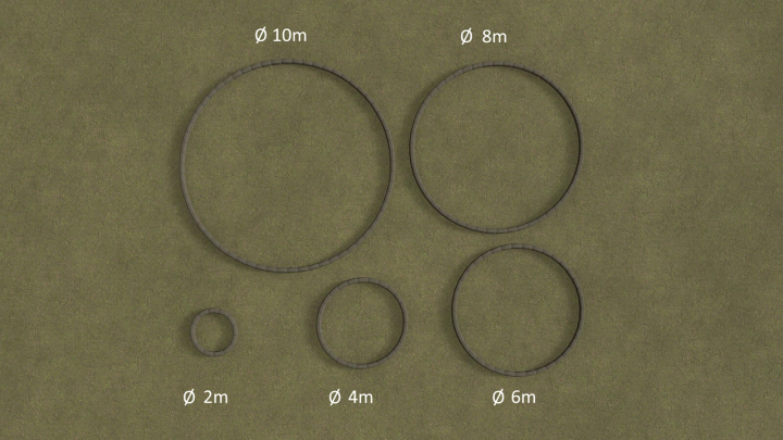 fs25-mods,  FS25 Concrete Ring Pack mod showing various diameters: 2m, 4m, 6m, 8m, and 10m for Farming Simulator 25.