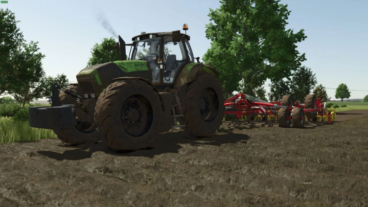 fs25-mods, Deutz Agrotron X710-30 tractor mod in FS25, plowing field with red cultivator.