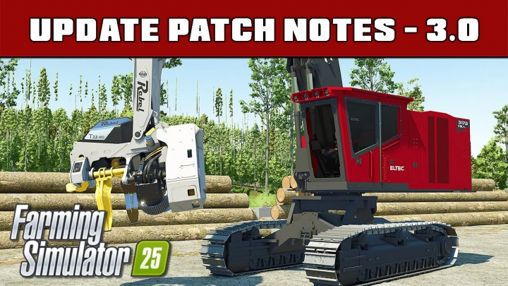 fs25-mods, FDR Logging mod pack Hotfix v3.0.0.0 in FS25, showcasing a forestry machine with update patch notes for Farming Simulator 25.