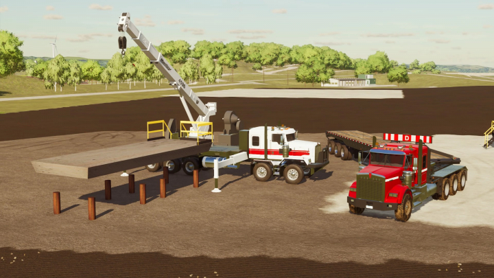 fs22-mods,  FS22 mod scene with construction vehicles setting up a buildable pump jack platform in Farming Simulator 22.