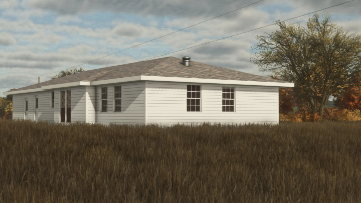 fs25-mods, FS25 mod featuring a 1970s farmhouse with white siding set in a grassy field.