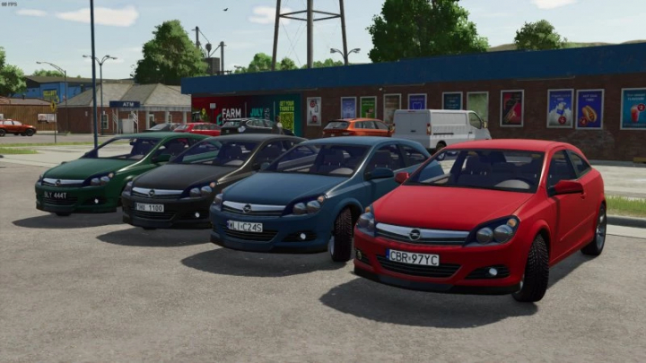 fs25-mods,  FS25 Opel Astra H GTC mod featuring multiple colored cars in a parking lot, showcasing customization options in Farming Simulator 25.