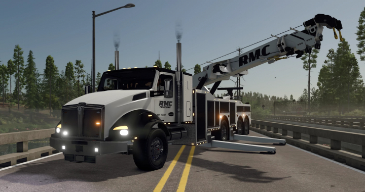 fs25-mods, FS25 T880 Rotator Tow Truck Mod on road in Farming Simulator 25