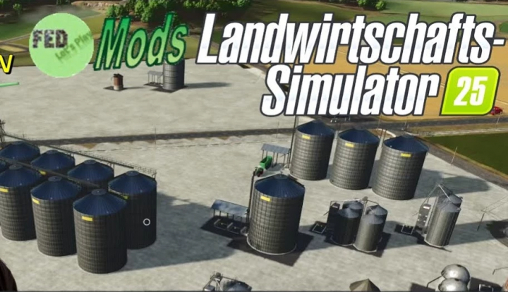 fs25-mods, FS25 Fed Mods Pack v1.3.1.0 showing various silos and structures in Farming Simulator 25.