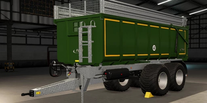 fs25-mods,  Green Fliegl TMK 260 trailer mod for Farming Simulator 25 in a garage, showcasing detailed design and textures. FS25 mods.