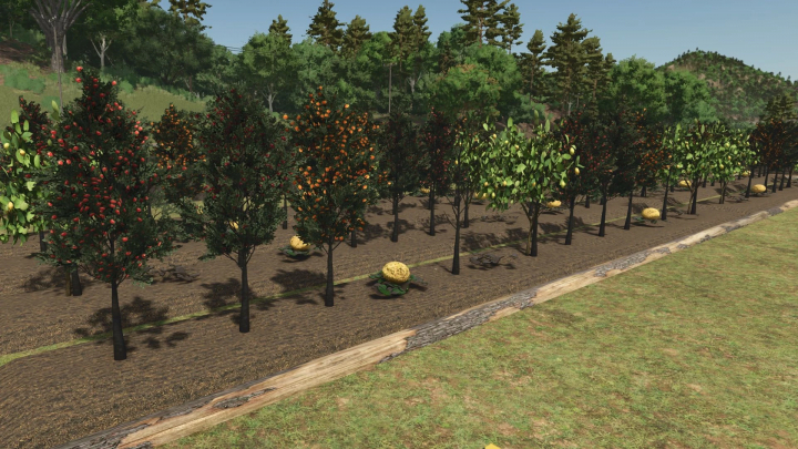 fs25-mods,  Fruit orchards mod in FS25 shows rows of fruit-bearing trees with various fruits.