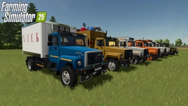 fs25-mods,  GAZ-3307 trucks lined up in a field in FS25 mod for Farming Simulator 25.