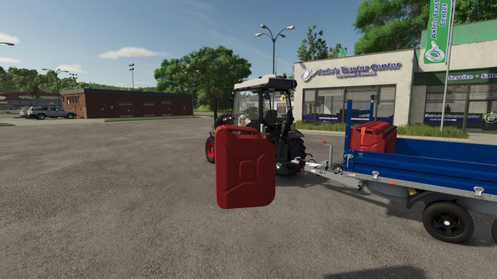 fs25-mods,  FS25 mod Gas Can v1.0.0.0 showing a tractor parked near Axle's Tractor Center with a red gas can.