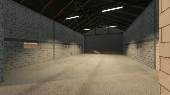 fs25-mods,  Interior of Hall Workshop mod for FS25, showcasing a spacious, empty brick-walled area with lighting, in Farming Simulator 25.