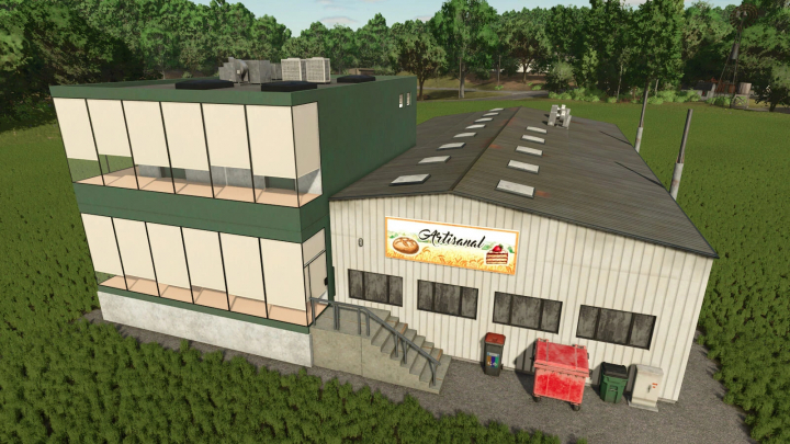 fs25-mods,  Industrial Bakery mod for FS25 featuring a large facility with green and white exterior next to fields.