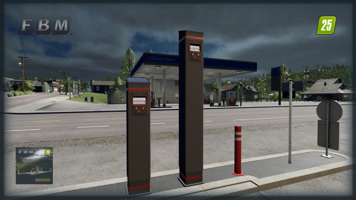 fs25-mods, Image of Industrial Weighing Station mod for FS25 with digital displays, set against a gas station backdrop.