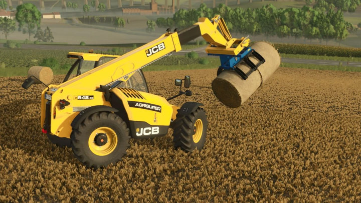 fs25-mods,  JCB 542-70 Agri in FS25 mod lifting hay bale in field.