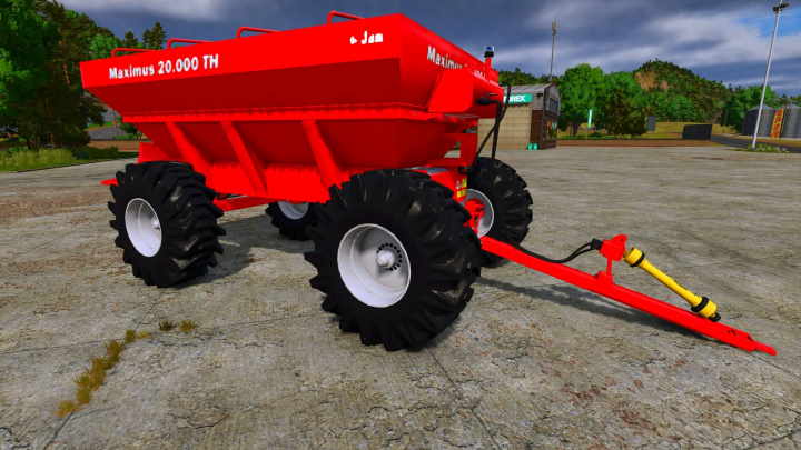 fs25-mods, FS25 mod: Jan Maximus 20.000 TH trailer, red with large tires, on a farm scene.