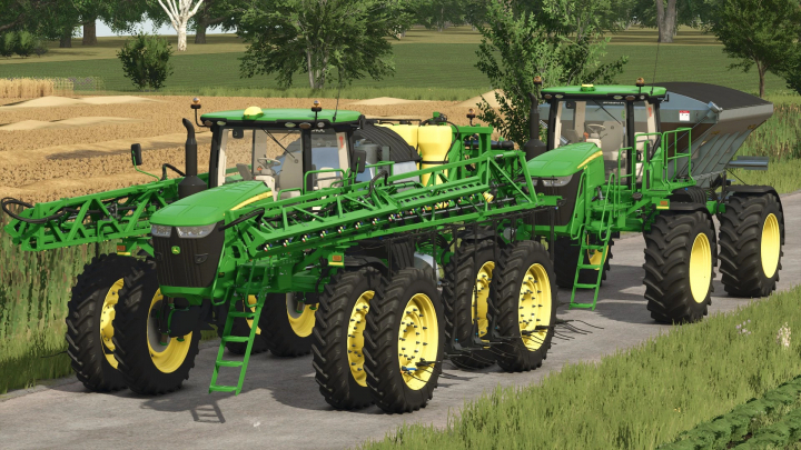 fs25-mods,  John Deere R4045 mod in FS25 showing a green and yellow crop sprayer on a farm road.