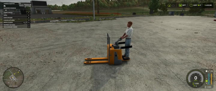 fs25-mods,  FS25 mod Jungheinrich ERE 120 v1.1.0.0 showcasing a player using an orange pallet truck in Farming Simulator 25.