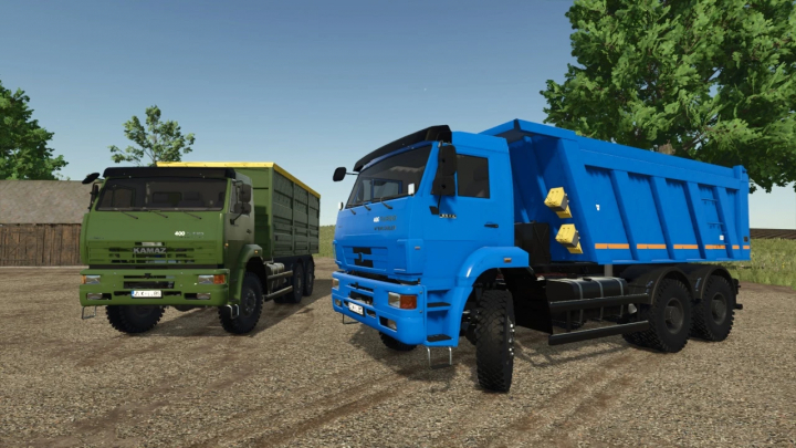 fs25-mods, KamAZ-6522 Pack v1.1.0.0 mod in FS25 showcasing green and blue trucks on a farm scene.