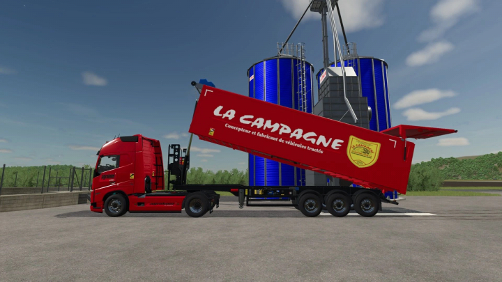 fs25-mods,  FS25 Krampe SKS 30 150 trailer in red beside silos, showcasing mods for Farming Simulator 25.