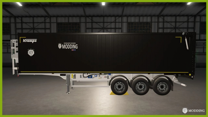 fs25-mods,  Krampe SKS30 v1.0.0.1 mod for Farming Simulator 25 featuring a black trailer with logos, parked in a warehouse.