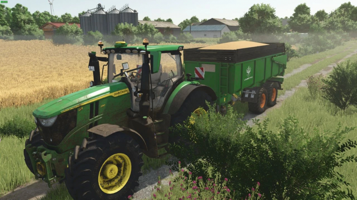 fs25-mods,  FS25 mod: Laumetris PTL12 v1.0.0.0 trailer attached to green tractor in a field, showcasing Farming Simulator 25 mods.