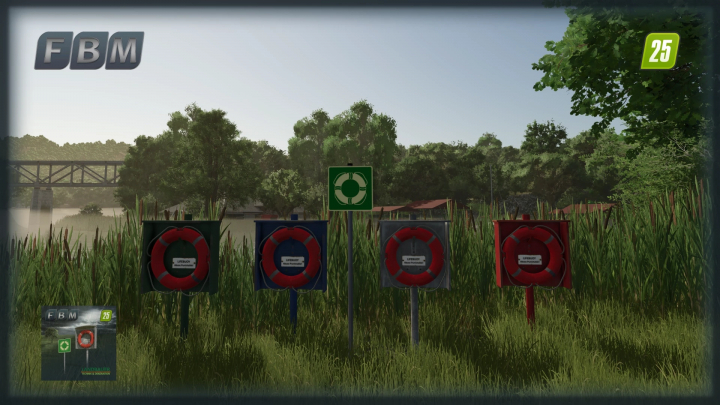 fs25-mods,  FS25 mod Lifebuoys v1.0.0.0 showing lifebuoys on stands with a safety sign in a grassy landscape.