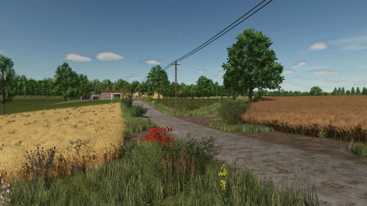 fs25-mods, Scenic view of Lipinki Map in FS25 Mod showing lush fields and rural landscape.