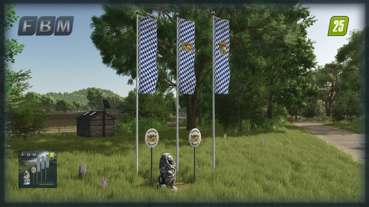 fs25-mods,  FS25 mod Little Bavarian Package v1.0.0.0 with Bavarian flags and lion statue in a lush green setting.