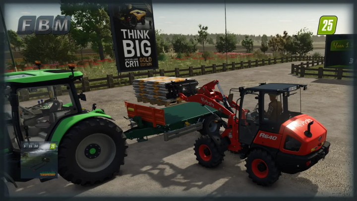 fs25-mods,  FS25 mods: Tractor using Long Pallet Fork mod in Farming Simulator 25, transporting pallets in a rural setting.