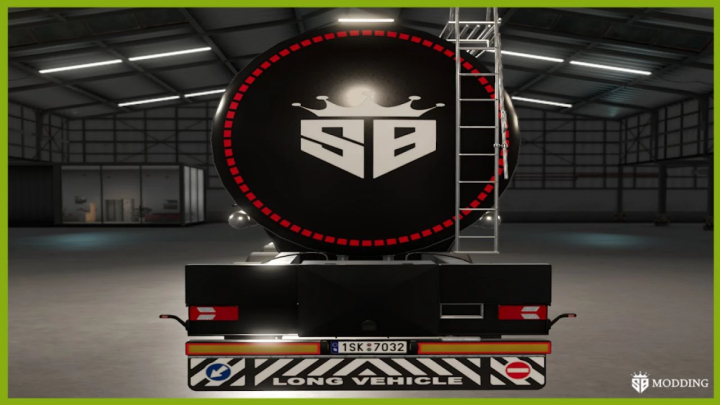 fs25-mods, FS25 mod MKS32 v1.0.0.1, rear view of a black tanker trailer in a warehouse with 