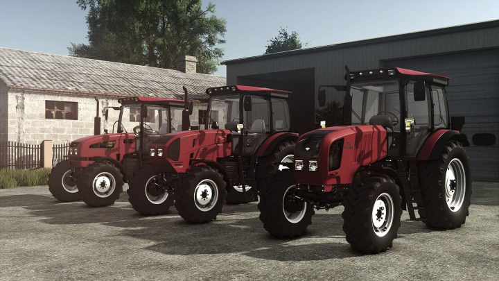 fs25-mods, Three MTZ 1523 tractors in Farming Simulator 25 mod v1.1.0.0, showcased in a farm setting. FS25 mods enhance gameplay.