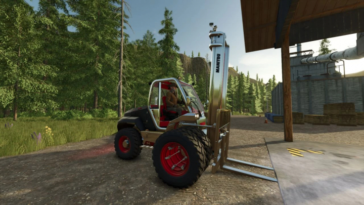 fs25-mods, Manitou Forklift mod in FS25 game, showcasing its design with forest background