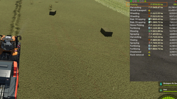 fs25-mods,  FS25 mod Missions Expanded v1.0.0.1 shows a detailed job list on a field with baling equipment.