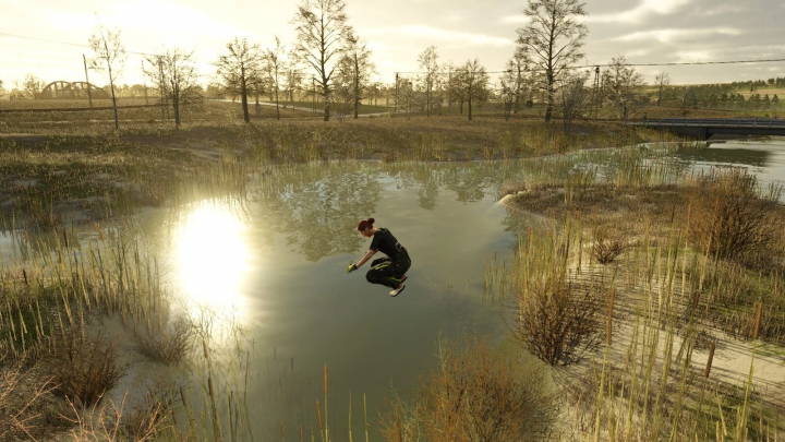 fs25-mods,  Character demonstrating Nimble Jumping mod in FS25, leaping over a sunlit pond.