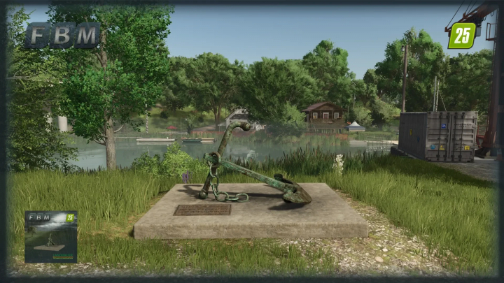 fs25-mods, Old Harbor Anchor mod in FS25, featuring a rusted anchor on a concrete slab near a scenic lake setting.