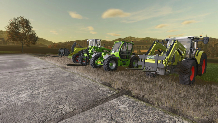 fs25-mods, FS25 Pallet Fork Pack with TensionBelt mod showcasing three green forklifts on a farm.