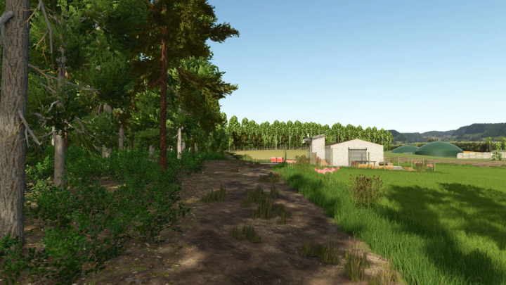 fs25-mods, Scenic farm landscape in FS25 mod Plaines Sundgauviennes, featuring a dirt path, dense trees, and farm buildings.