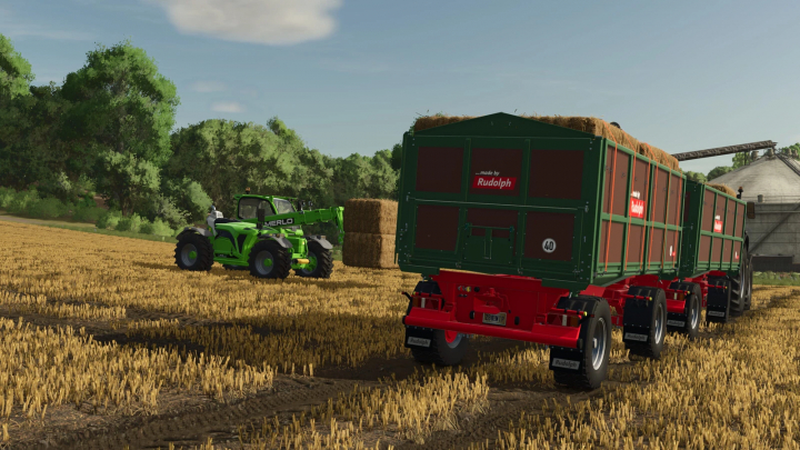 fs25-mods,  FS25 mod Rudolph/Welger DK 280 RP v1.0.0.0 trailer loaded with hay bales in a field with green tractor.