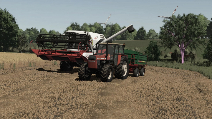 fs25-mods,  A tractor with a trailer and combine harvester in a field, enhanced with Shaders v1.0.0.0 mod for FS25.