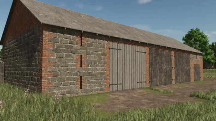 fs25-mods,  FS25 mod Small Buildings Package featuring a rustic brick barn with wooden doors, set in a grassy landscape.