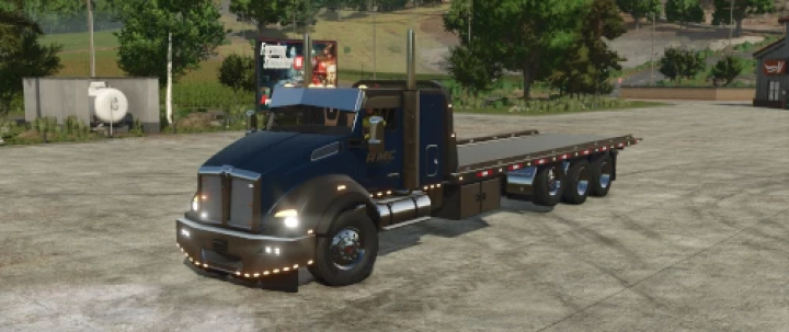 fs25-mods, FS25 mods T880 Rollback v1.0.0.0 showcasing a large flatbed truck on a farm road in Farming Simulator 25.